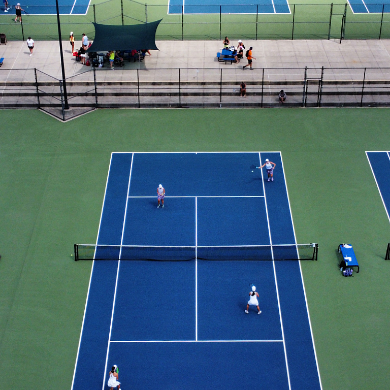 MVP Crahen, Outdoor Tennis, Fly over of tennis courts with people playing tennis
