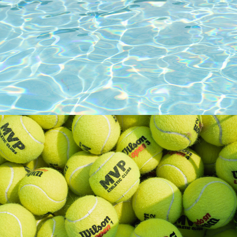 MVP Holland, Swim and Splash Event, Split image with half pool water and half tennis balls